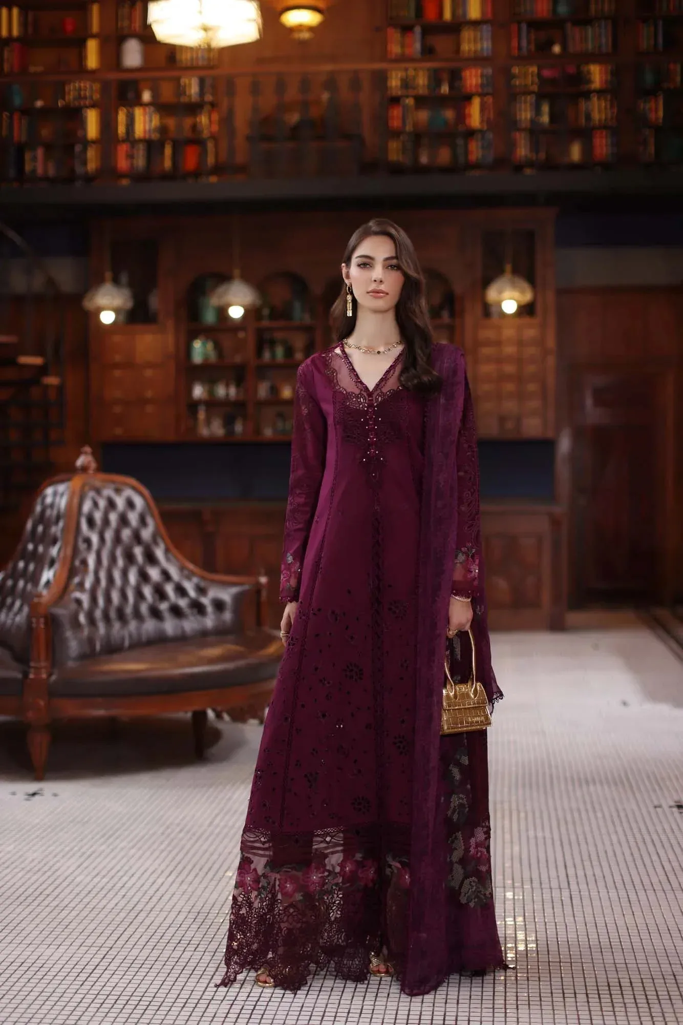 Noor by Saadia Asad Eid Luxury Schiffli Laserkari 25 Old Mauve Chiffon – view 6 – Poshaq