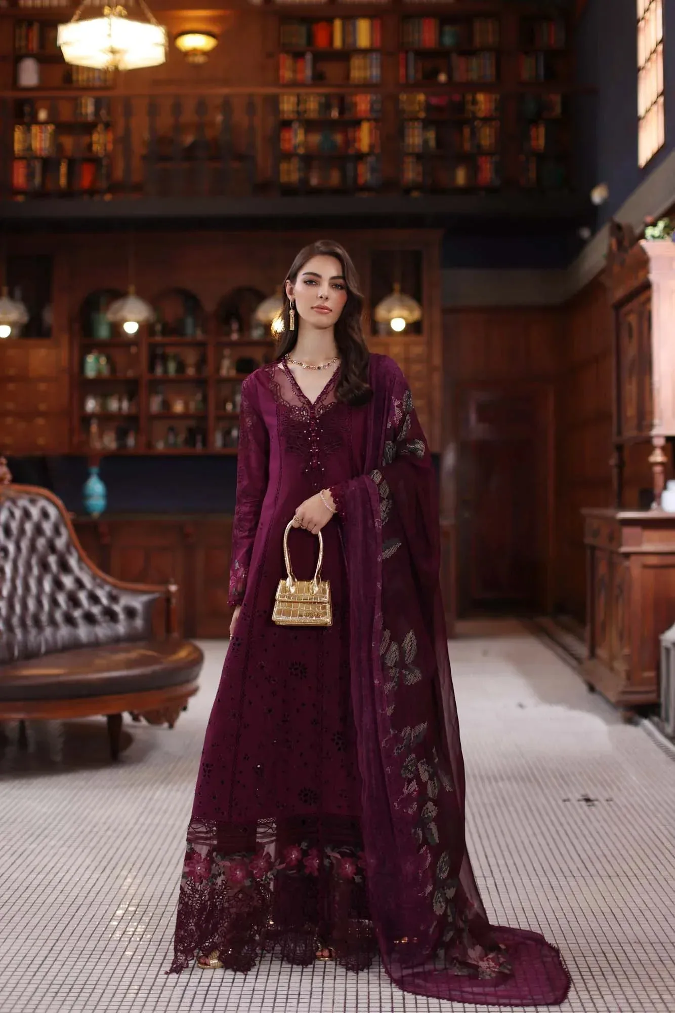 Noor by Saadia Asad Eid Luxury Schiffli Laserkari 25 Old Mauve Chiffon – view 7 – Poshaq