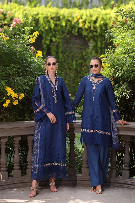 Noor by Saadia Asad Eid Luxury Schiffli Laserkari 25 Navy Blue Chiffon – view 1 – Poshaq