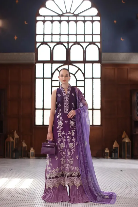 Noor by Saadia Asad Eid Luxury Schiffli Laserkari 25 Purple Chiffon – view 1 – Poshaq