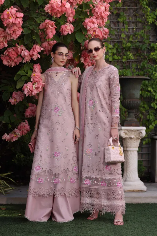 Noor by Saadia Asad Eid Luxury Schiffli Laserkari 25 Pink Chiffon – view 1 – Poshaq