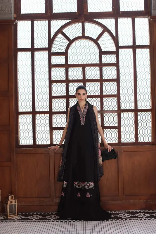 Noor by Saadia Asad Eid Luxury Schiffli Laserkari 25 Black Chiffon – view 1 – Poshaq