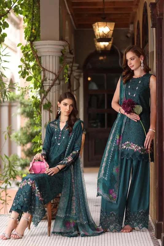 Noor by Saadia Asad Eid Luxury Schiffli Laserkari 25 Deep Teal Green Chiffon – view 1 – Poshaq