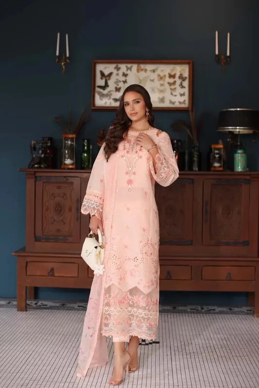 Noor by Saadia Asad Eid Luxury Schiffli Laserkari 25 Pink Chiffon – view 1 – Poshaq