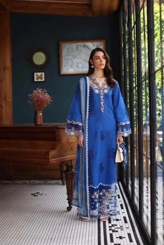 Noor by Saadia Asad Eid Luxury Schiffli Laserkari 25 Blue Chiffon – view 1 – Poshaq