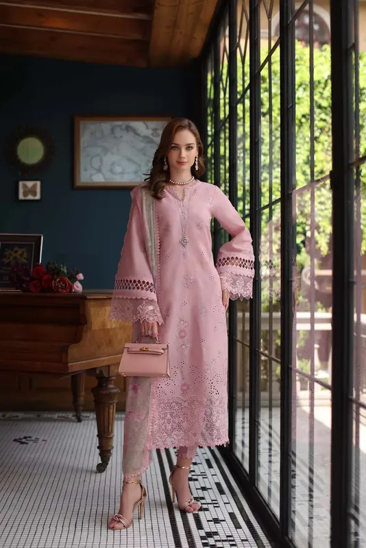 Noor by Saadia Asad Eid Luxury Schiffli Laserkari 25 Pink Chiffon – view 1 – Poshaq