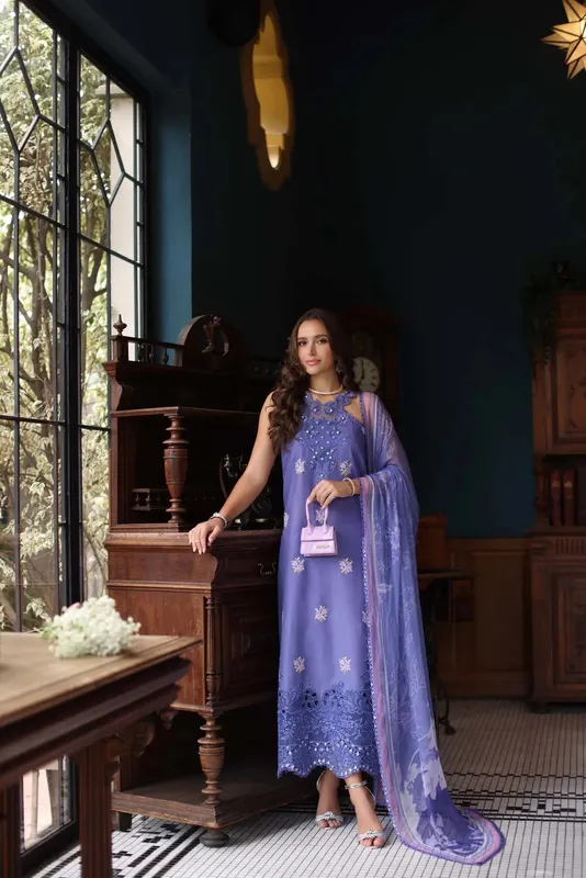 Noor by Saadia Asad Eid Luxury Schiffli Laserkari 25 Lavender Chiffon – view 1 – Poshaq