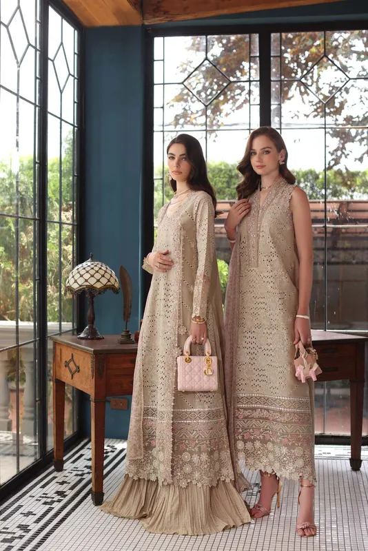 Noor by Saadia Asad Eid Luxury Schiffli Laserkari 25 Desert Sand Chiffon – view 1 – Poshaq