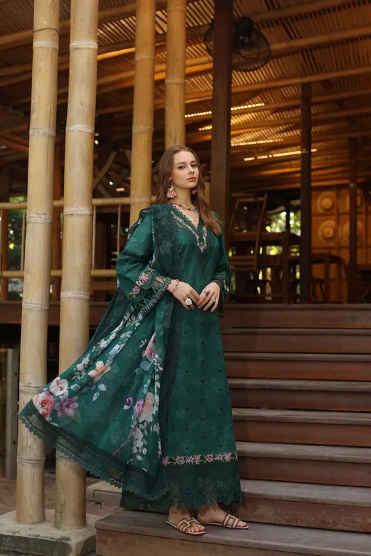 Noor by Saadia Asad Eid Luxe Printedkari Bottle Green Chiffon – view 1 – Poshaq