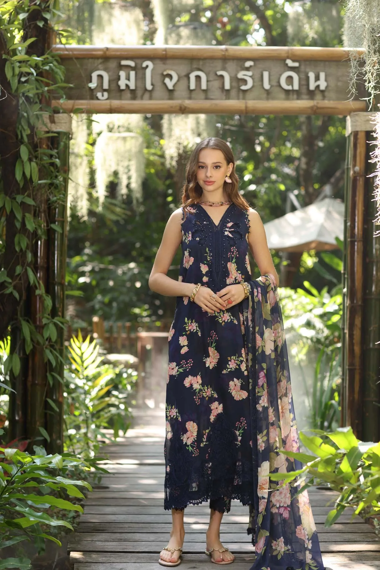 Noor by Saadia Asad Eid Luxe Printedkari Navy Blue Chiffon – view 1 – Poshaq