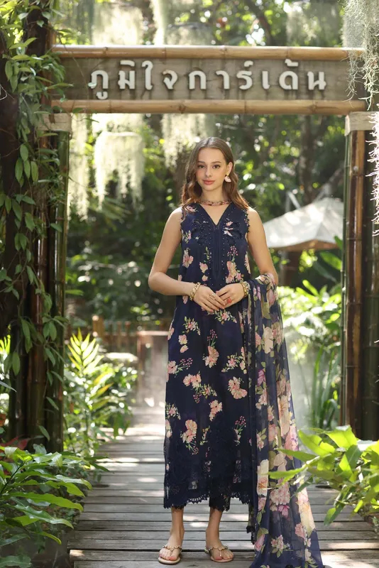Noor by Saadia Asad Eid Luxe Printedkari Navy Blue Chiffon – view 1 – Poshaq