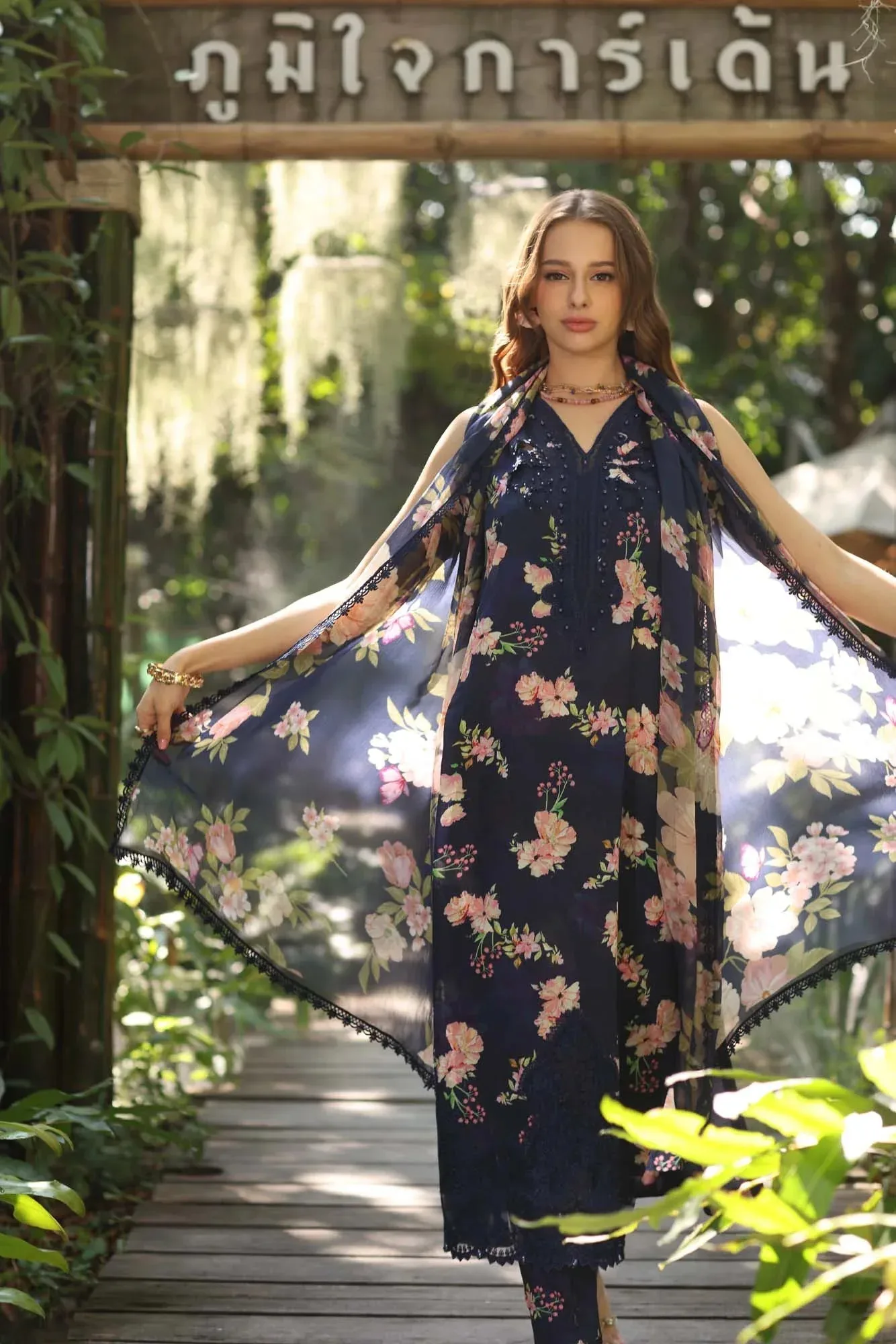 Noor by Saadia Asad Eid Luxe Printedkari Navy Blue Chiffon – view 2 – Poshaq