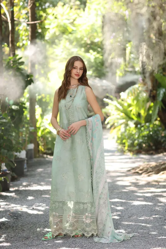 Noor by Saadia Asad Eid Luxe Printedkari Mint Gray Chiffon – view 1 – Poshaq