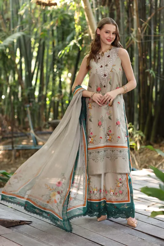 Noor by Saadia Asad Eid Luxe Printedkari Desert Sand Chiffon – view 1 – Poshaq
