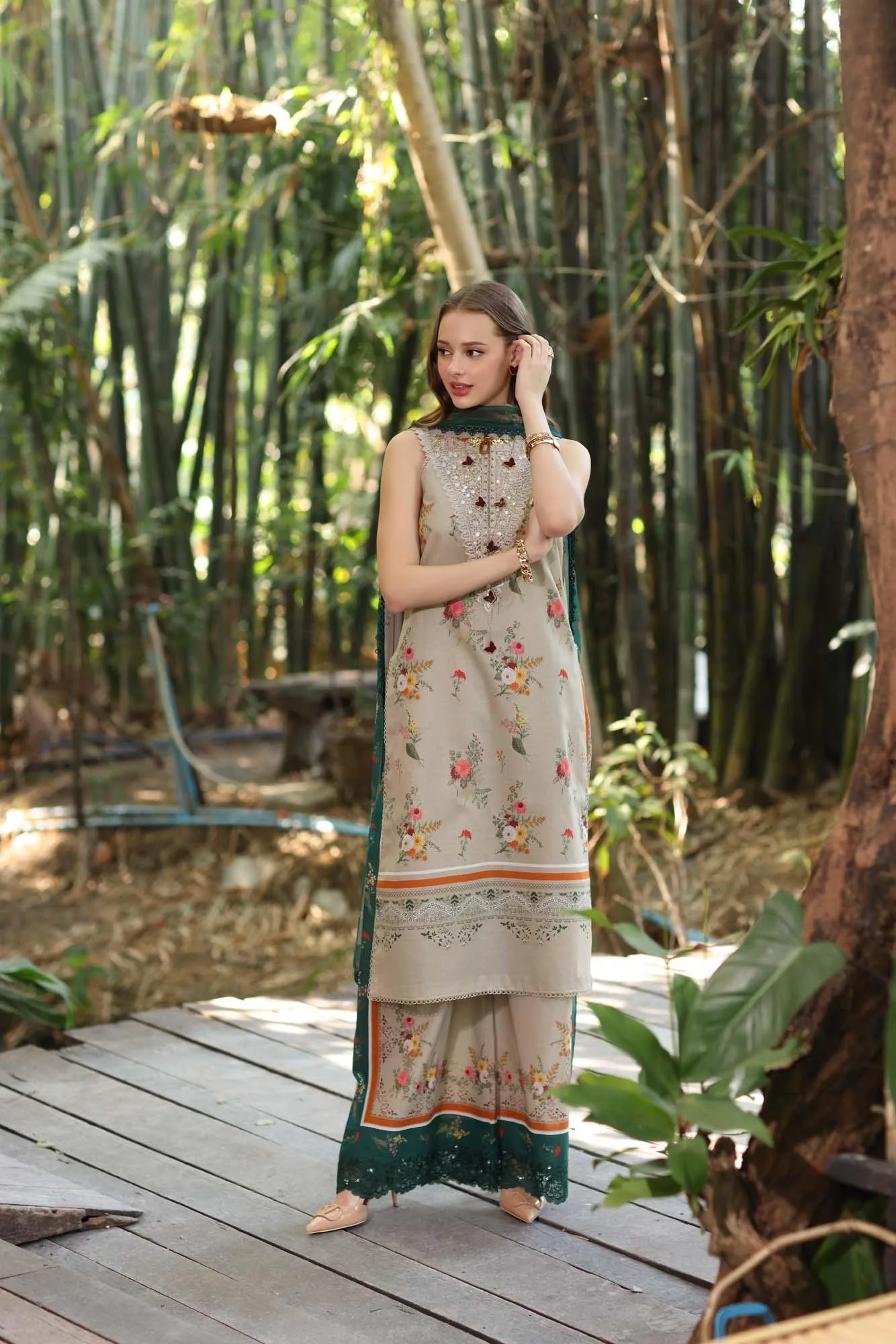 Noor by Saadia Asad Eid Luxe Printedkari Desert Sand Chiffon – view 2 – Poshaq