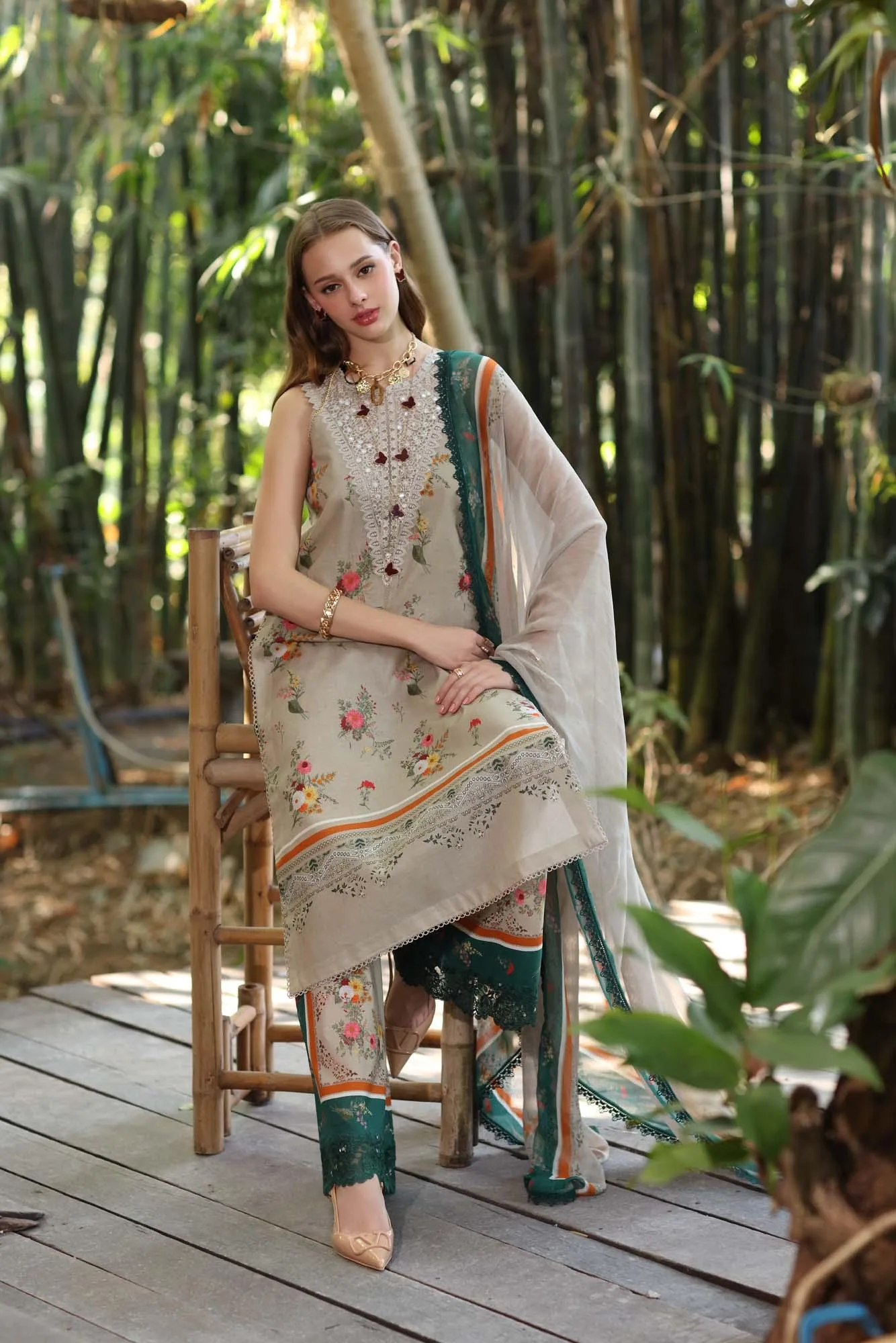 Noor by Saadia Asad Eid Luxe Printedkari Desert Sand Chiffon – view 4 – Poshaq