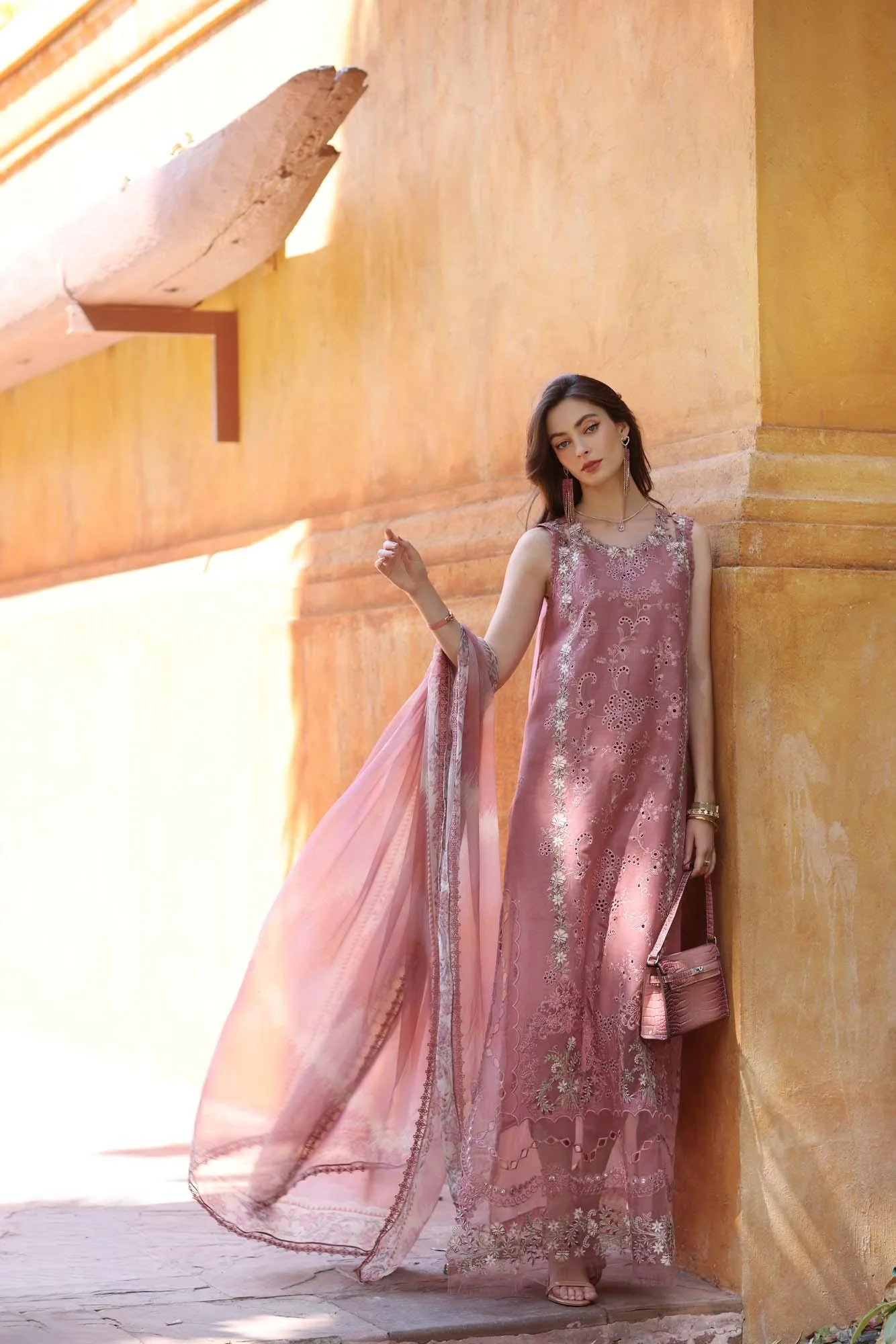 Noor by Saadia Asad Eid Luxury Laserkari 25 Brownish Pink Chiffon – view 1 – Poshaq