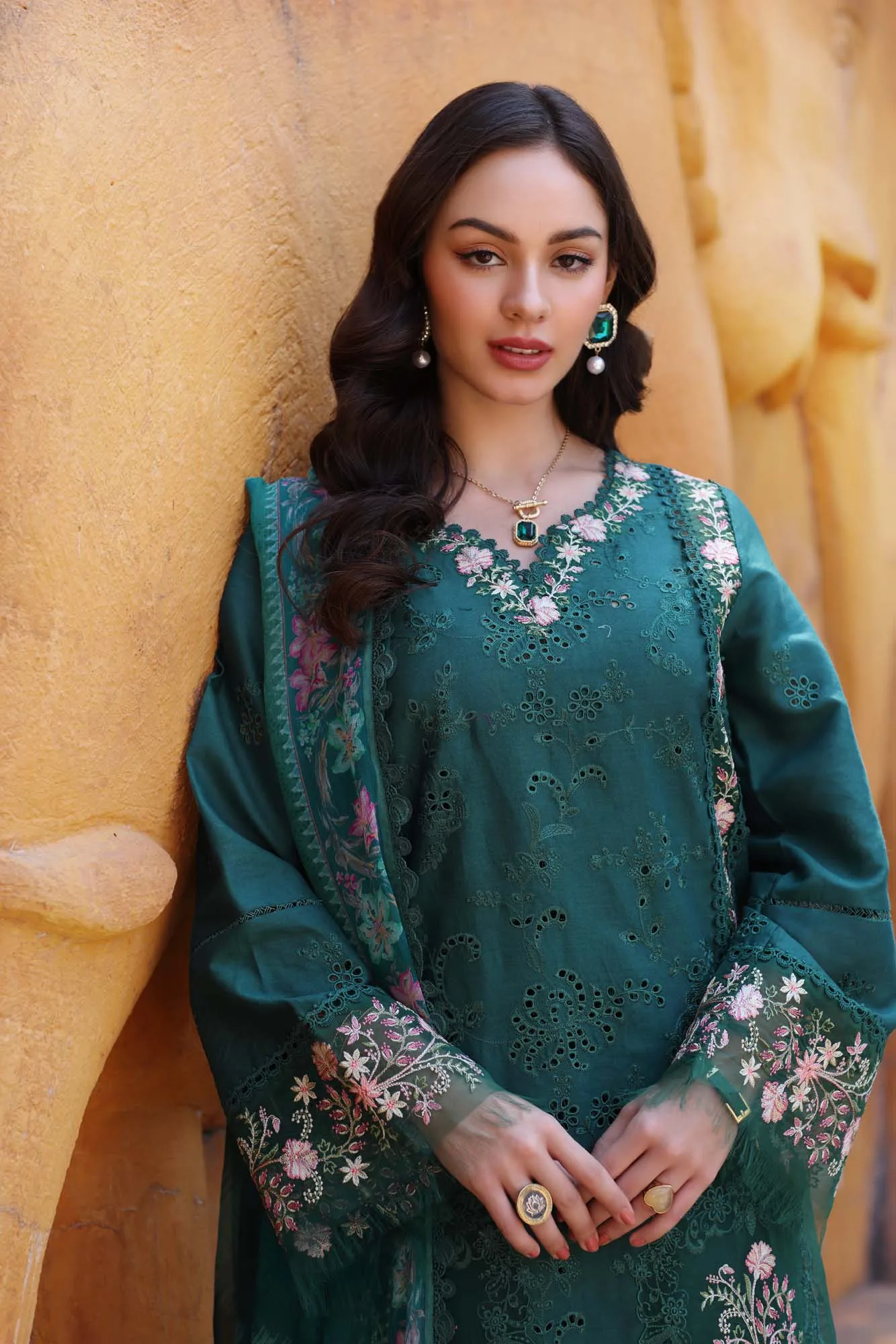 Noor by Saadia Asad Eid Luxury Laserkari 25 Deep Teal Green Chiffon – view 3 – Poshaq
