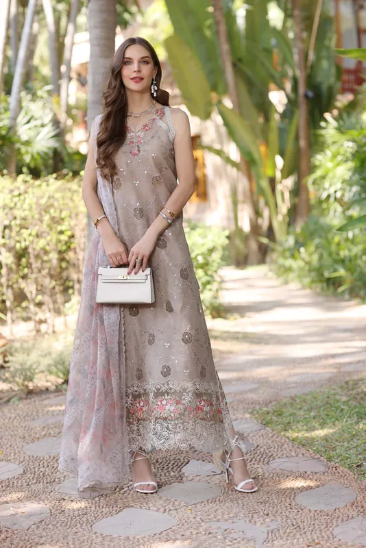 Noor by Saadia Asad Eid Luxury Laserkari 25 Taupe Chiffon – view 1 – Poshaq