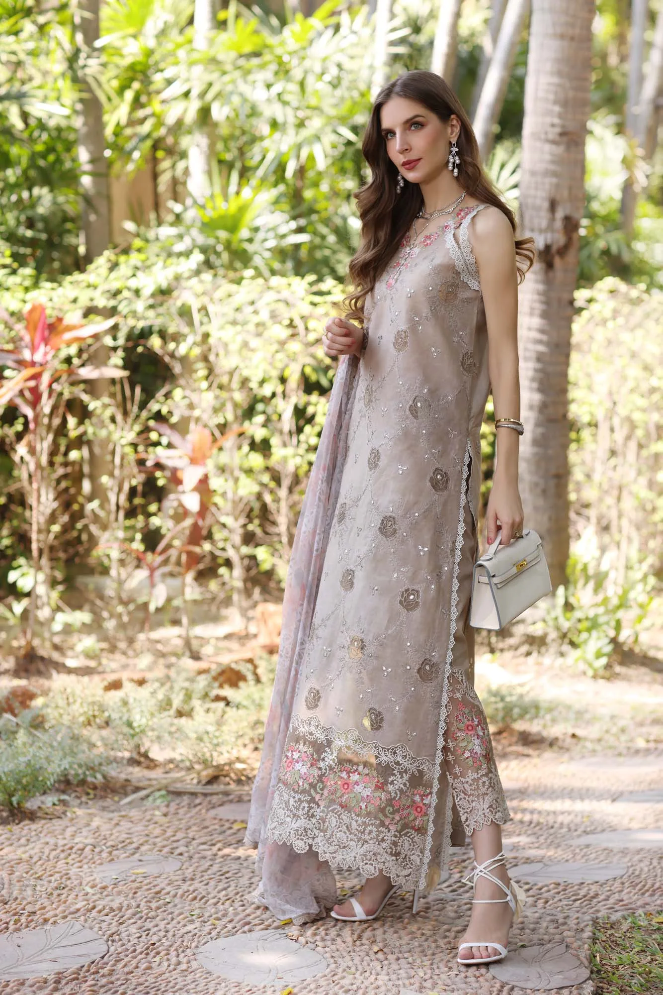 Noor by Saadia Asad Eid Luxury Laserkari 25 Taupe Chiffon – view 2 – Poshaq