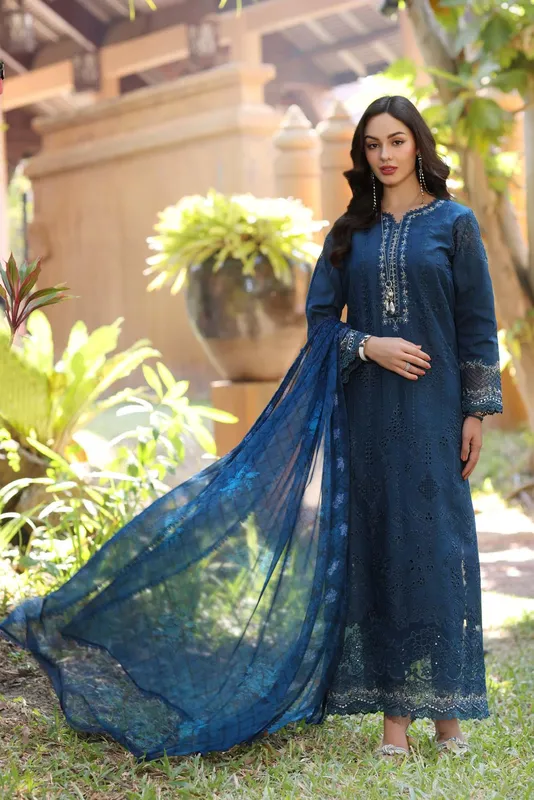 Noor by Saadia Asad Eid Luxury Laserkari 25 Deep Teal Chiffon – view 1 – Poshaq