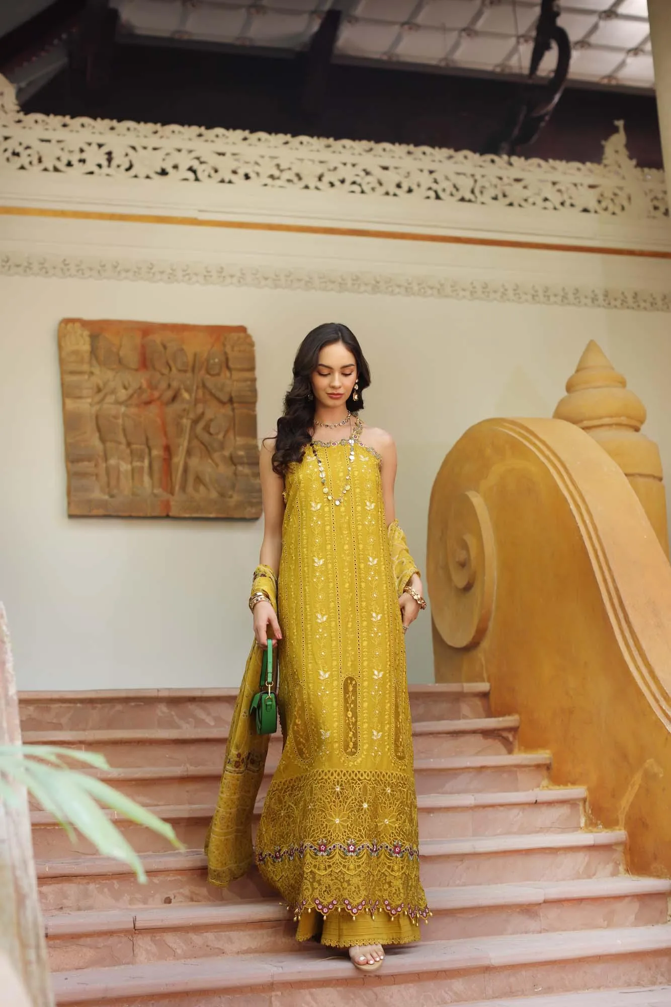 Noor by Saadia Asad Eid Luxury Laserkari 25 Mustard Chiffon – view 2 – Poshaq