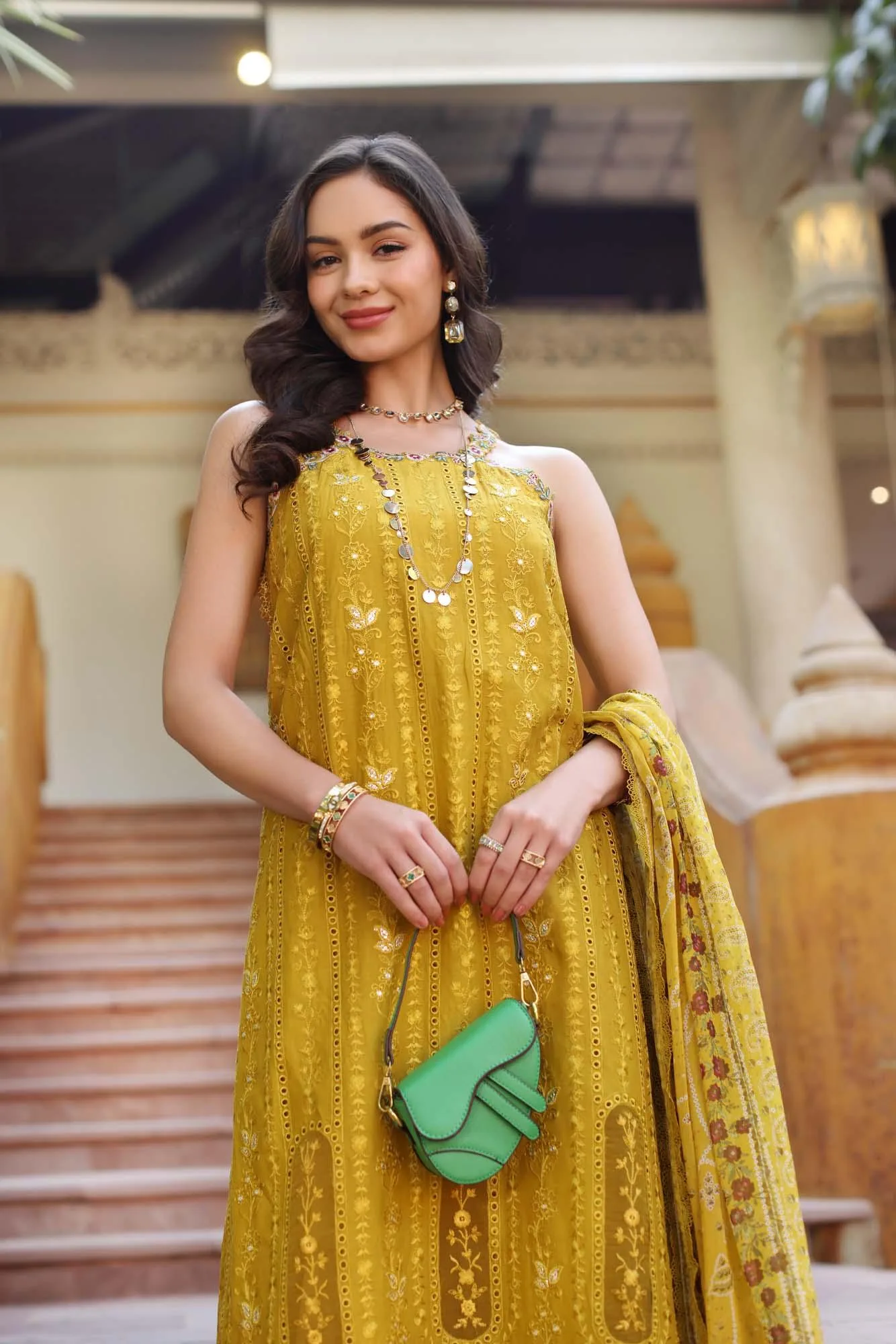 Noor by Saadia Asad Eid Luxury Laserkari 25 Mustard Chiffon – view 3 – Poshaq