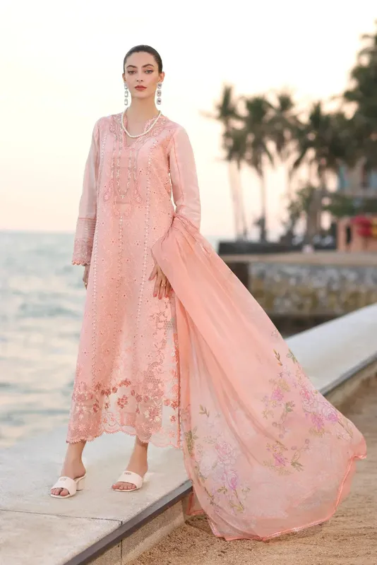 Noor by Saadia Asad Eid Luxury Laserkari 25 Salmon Pink Chiffon – view 1 – Poshaq