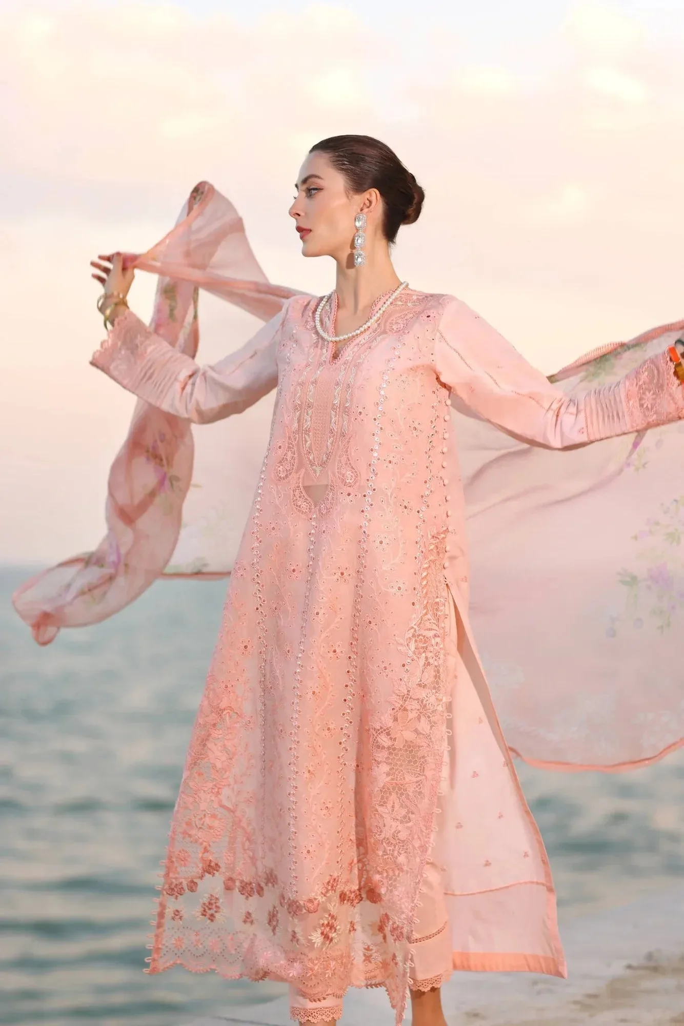 Noor by Saadia Asad Eid Luxury Laserkari 25 Salmon Pink Chiffon – view 2 – Poshaq