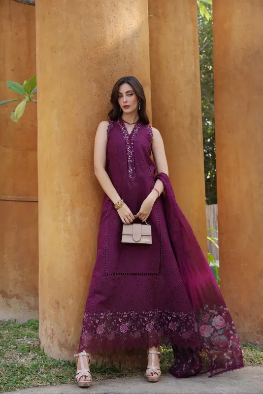 Noor by Saadia Asad Eid Luxury Laserkari 25 Plum Chiffon – view 1 – Poshaq