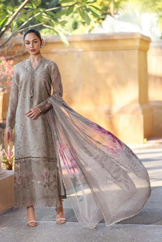 Noor by Saadia Asad Eid Luxury Laserkari 25 Cloud Gray Chiffon – view 1 – Poshaq