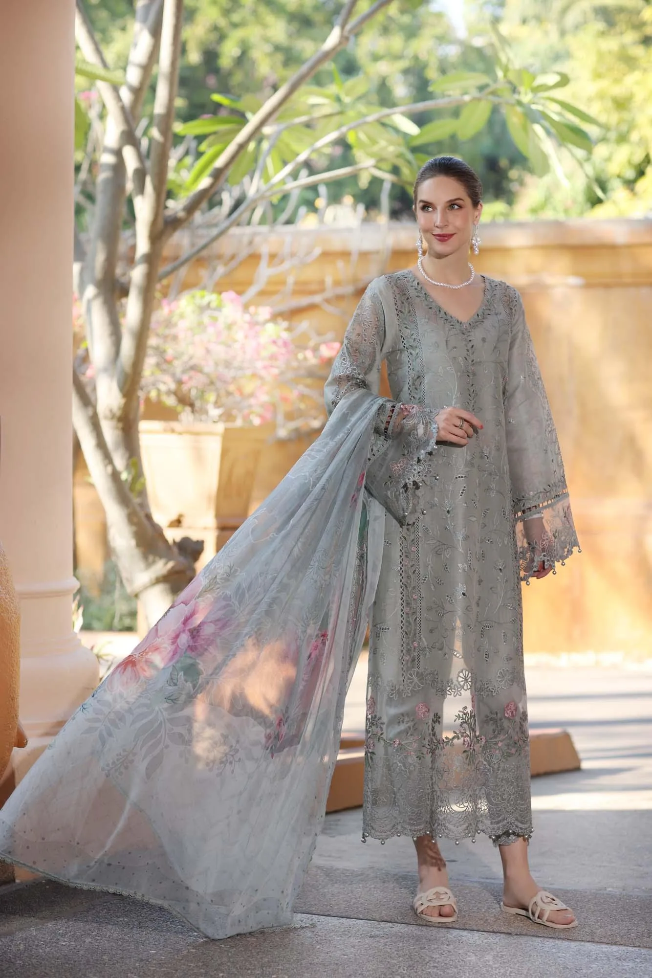 Noor by Saadia Asad Eid Luxury Laserkari 25 Grey Chiffon – view 1 – Poshaq