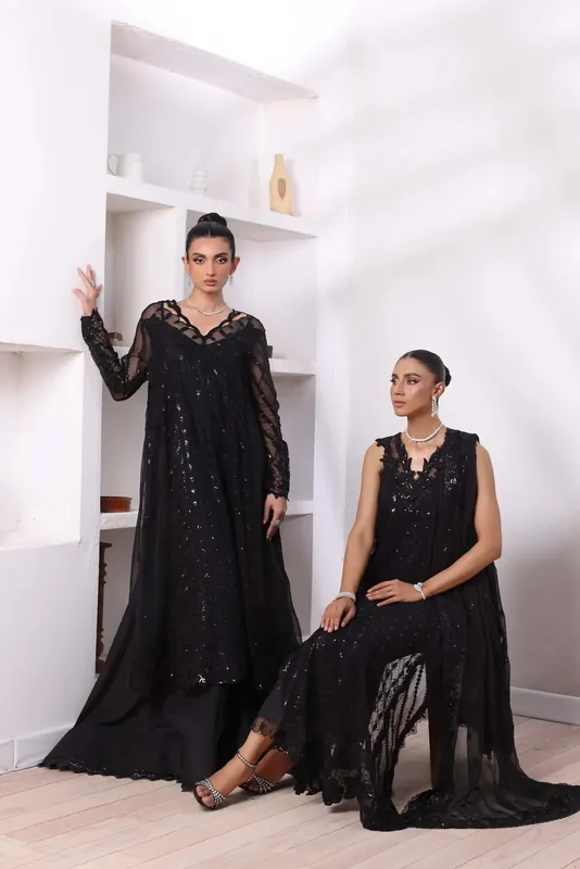 Noor by Saadia Asad Noor Chiffon De Luxe Black Raw Silk – view 1 – Poshaq