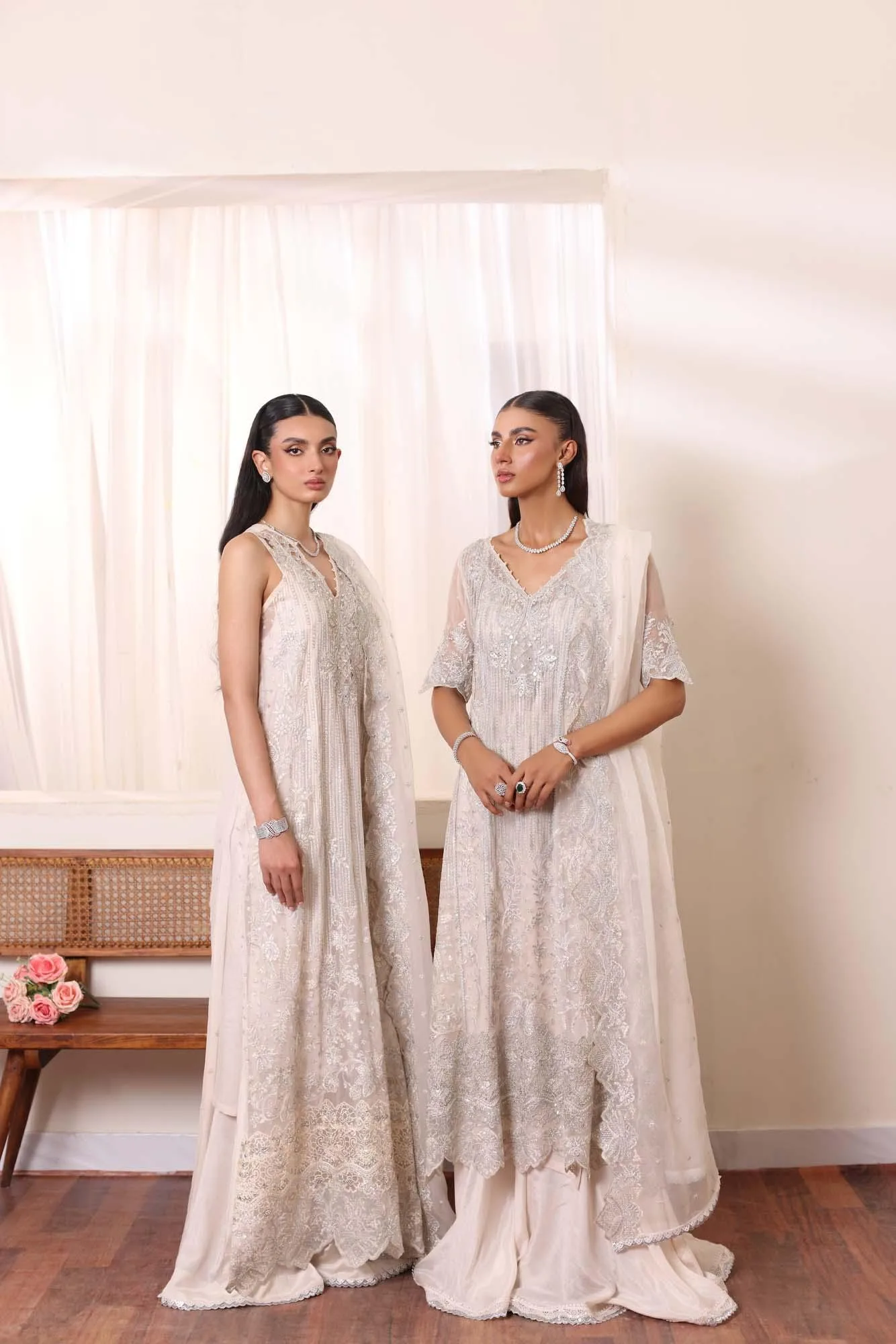 White chiffon gown with sequin embroidery and matching sharara trousers – view 1 – Poshaq