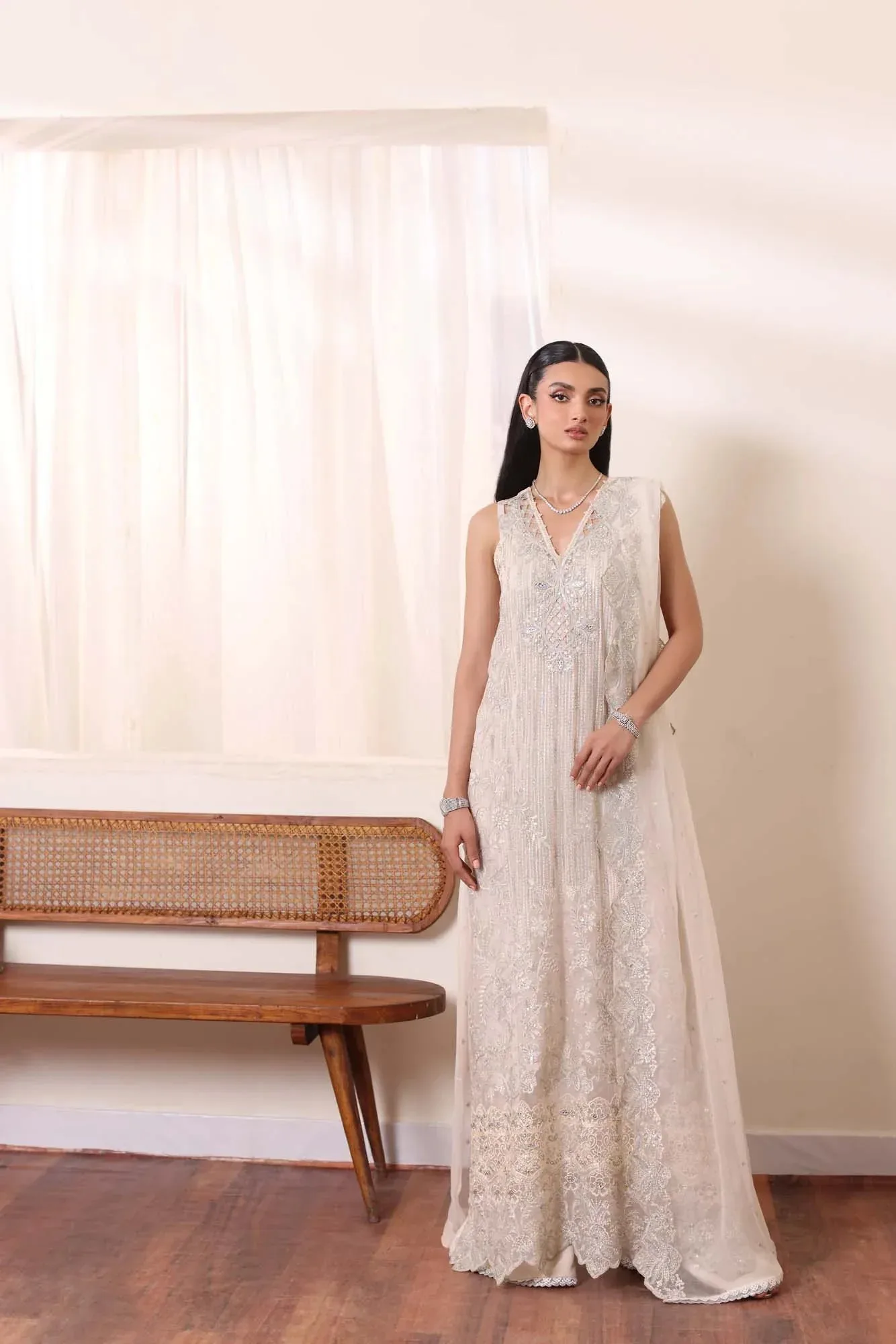 White chiffon gown with sequin embroidery and matching sharara trousers – view 2 – Poshaq