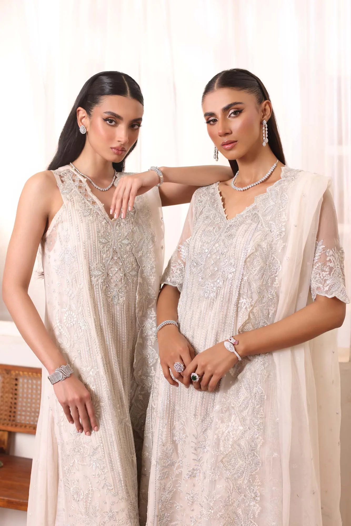 White chiffon gown with sequin embroidery and matching sharara trousers – view 3 – Poshaq