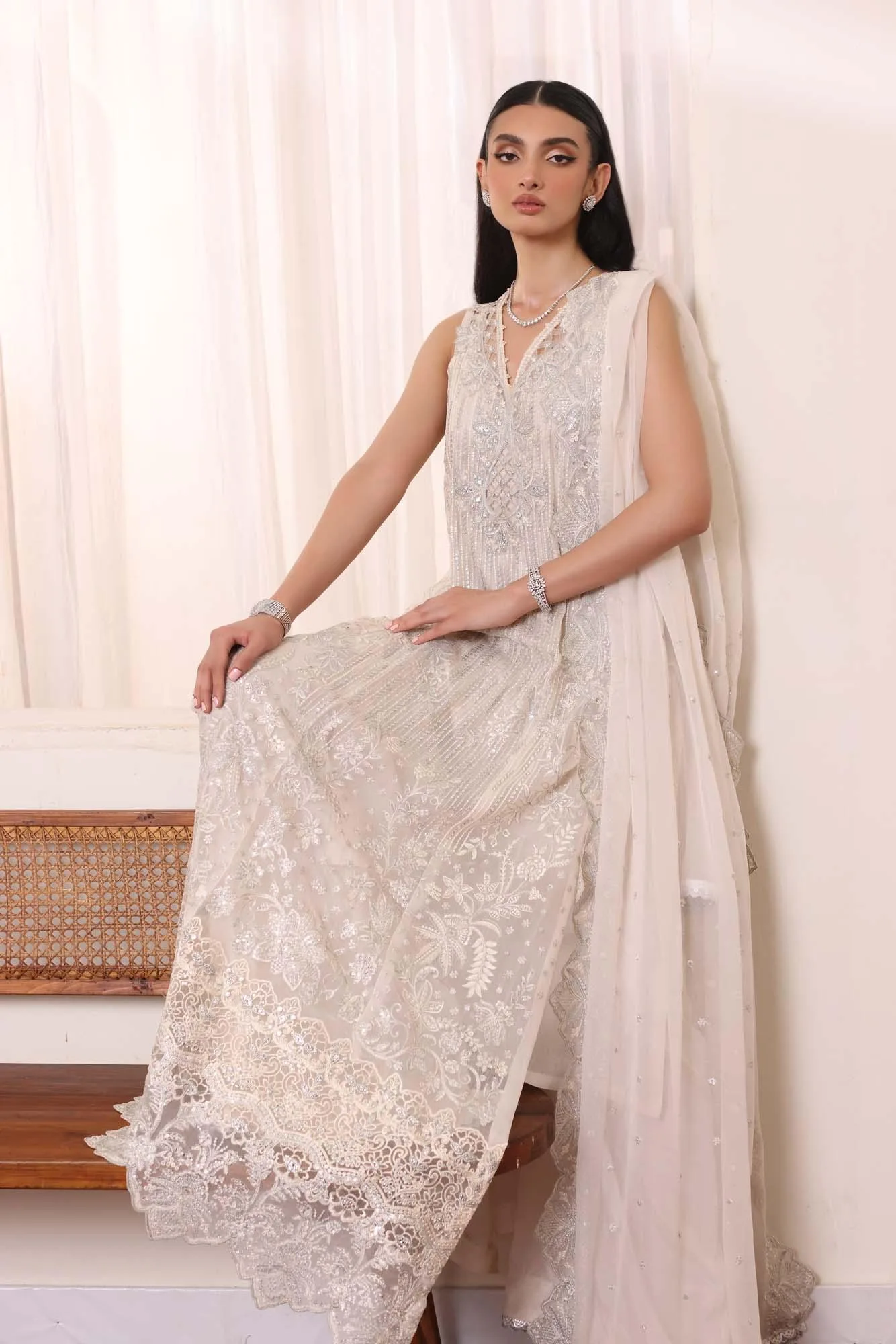 White chiffon gown with sequin embroidery and matching sharara trousers – view 4 – Poshaq
