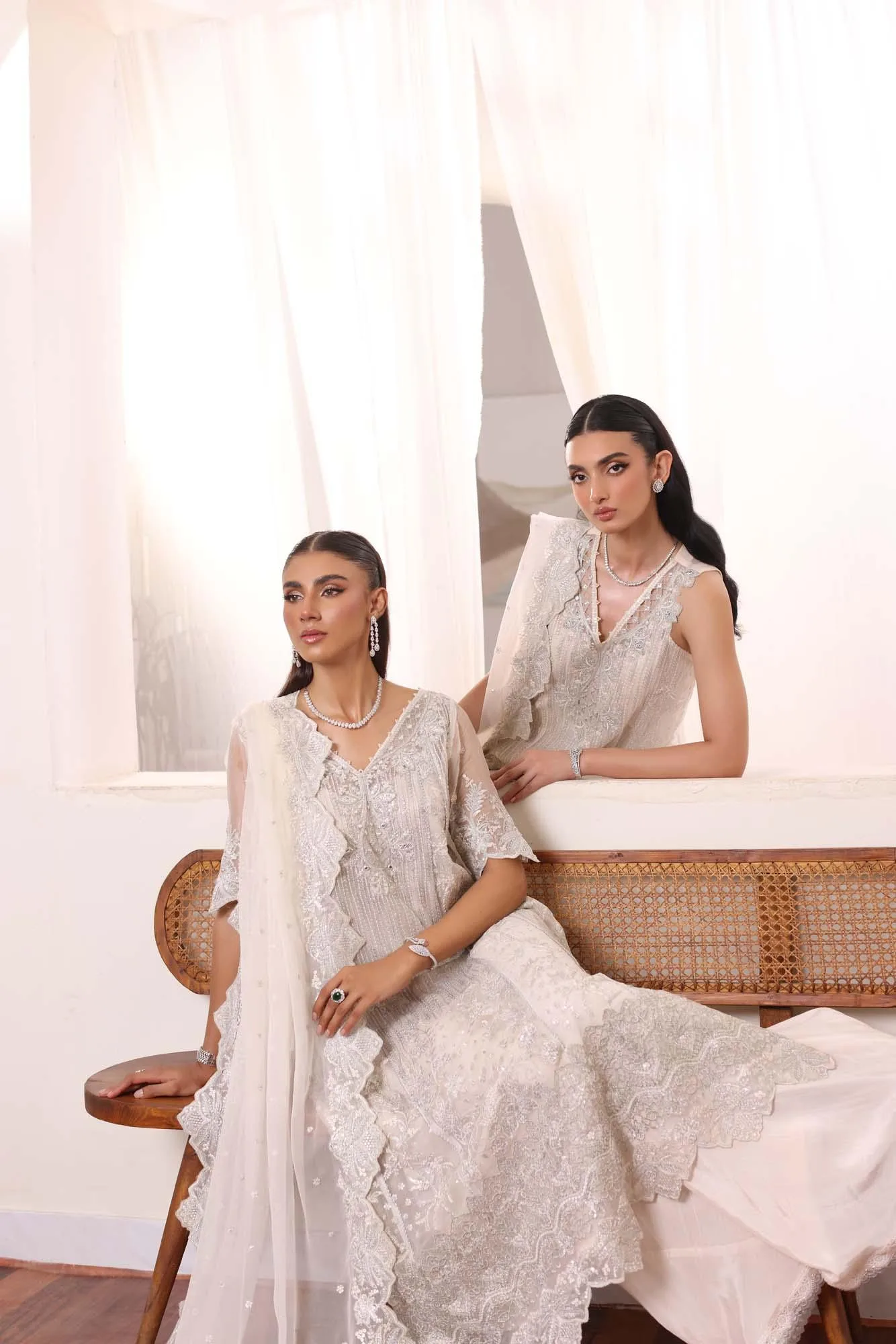White chiffon gown with sequin embroidery and matching sharara trousers – view 5 – Poshaq