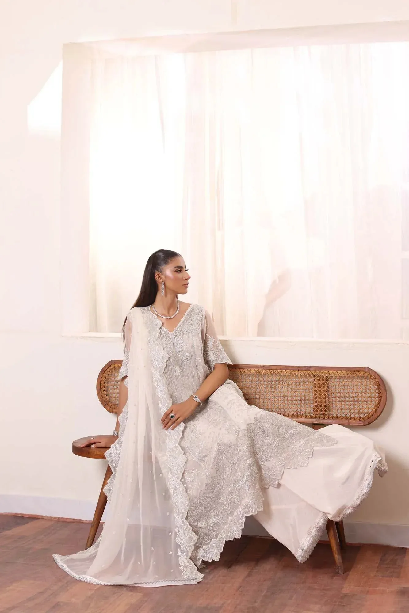 White chiffon gown with sequin embroidery and matching sharara trousers – view 7 – Poshaq