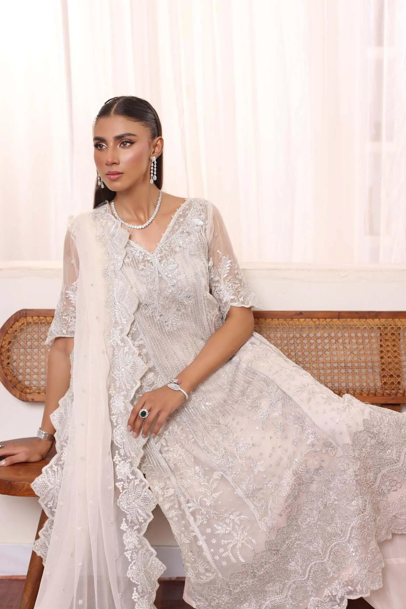 White chiffon gown with sequin embroidery and matching sharara trousers – view 8 – Poshaq