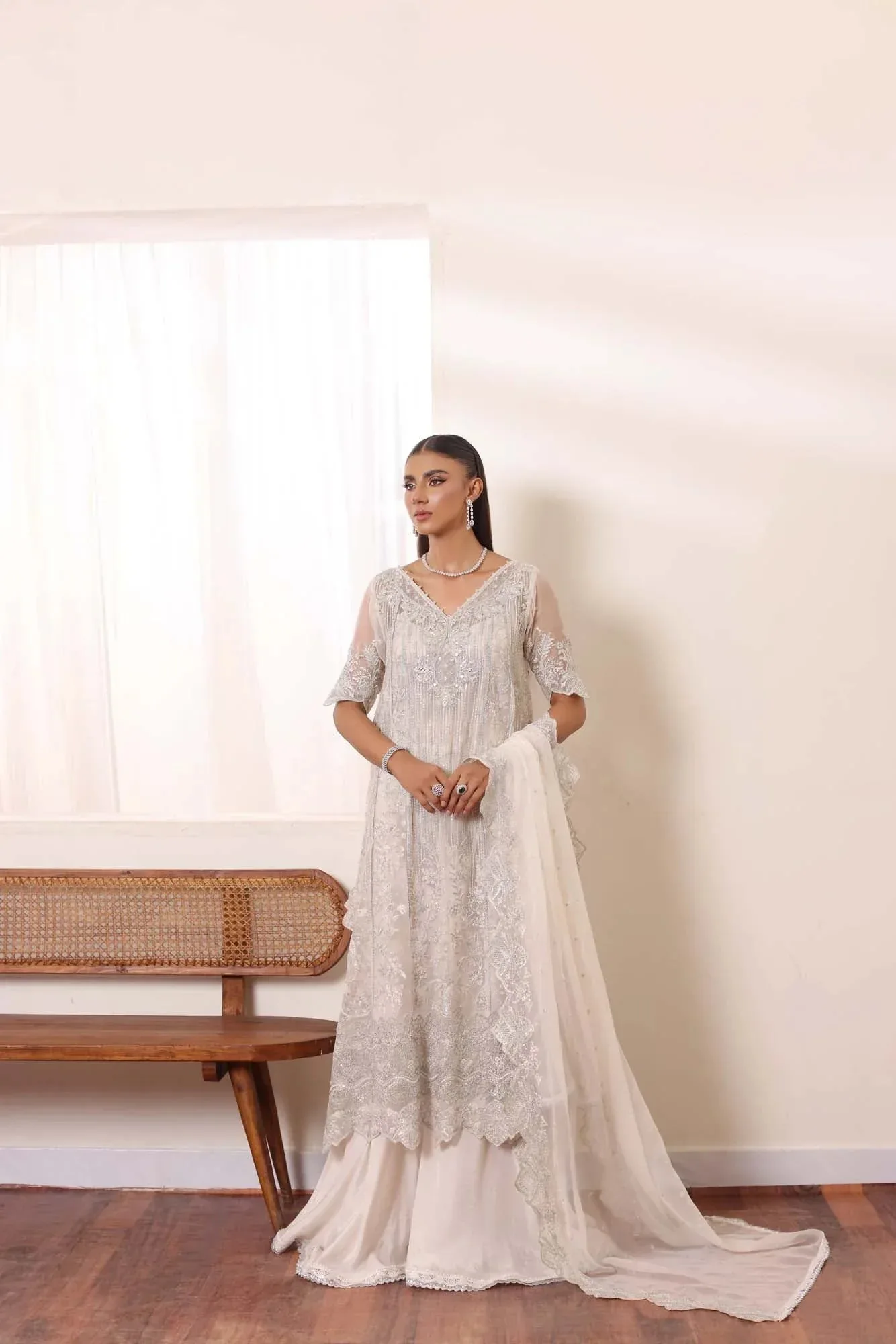 White chiffon gown with sequin embroidery and matching sharara trousers – view 9 – Poshaq