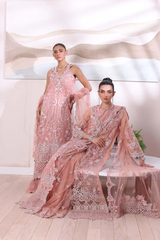 Pastel pink formal lehnga set with silk shirt, crushed lehnga and embroidered net dupatta – view 1 – Poshaq