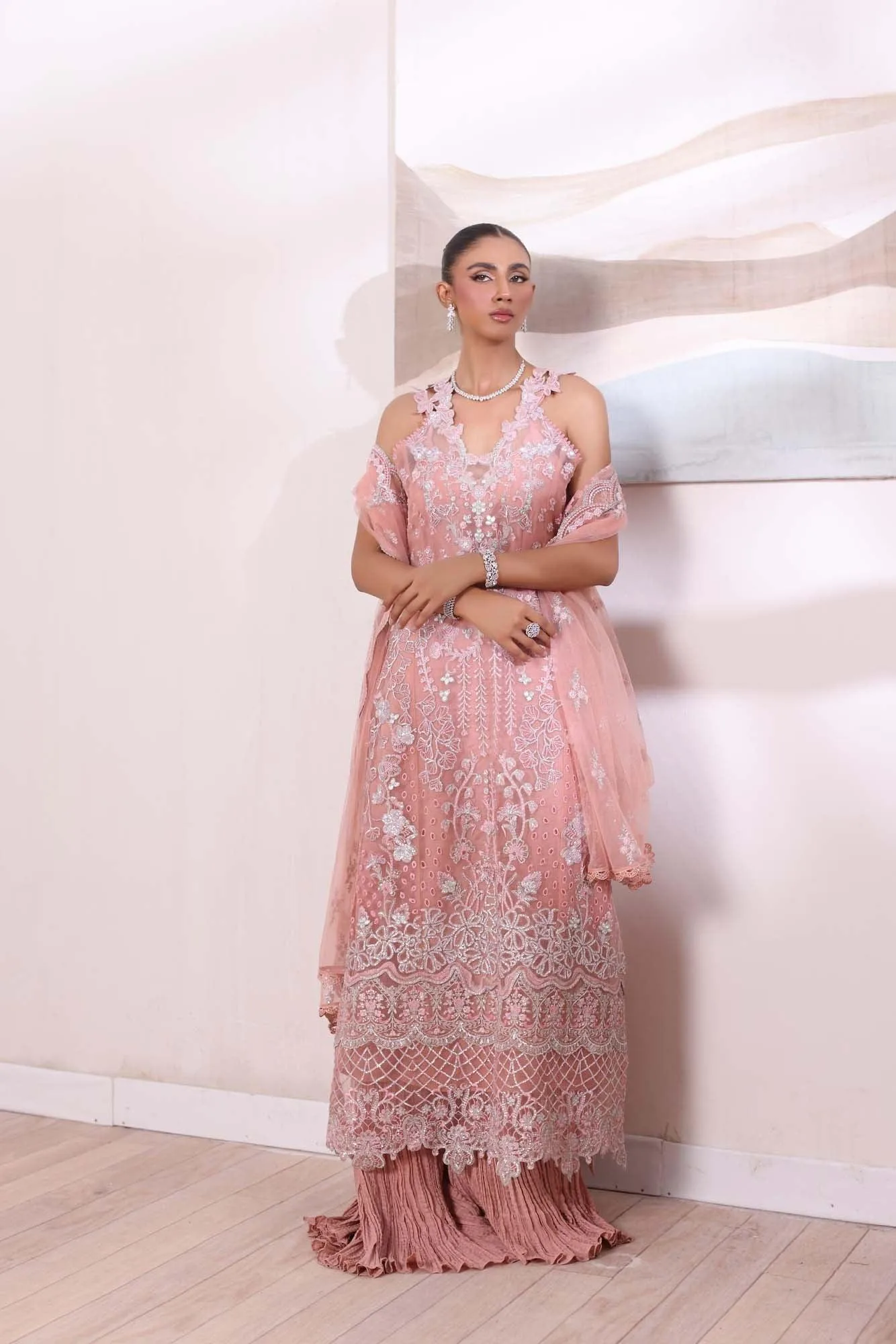 Pastel pink formal lehnga set with silk shirt, crushed lehnga and embroidered net dupatta – view 2 – Poshaq