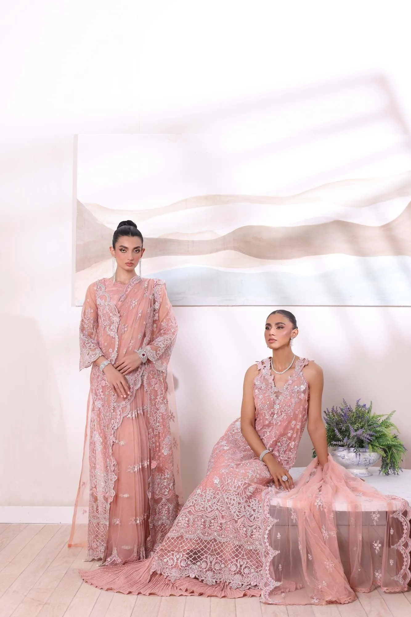 Pastel pink formal lehnga set with silk shirt, crushed lehnga and embroidered net dupatta – view 3 – Poshaq