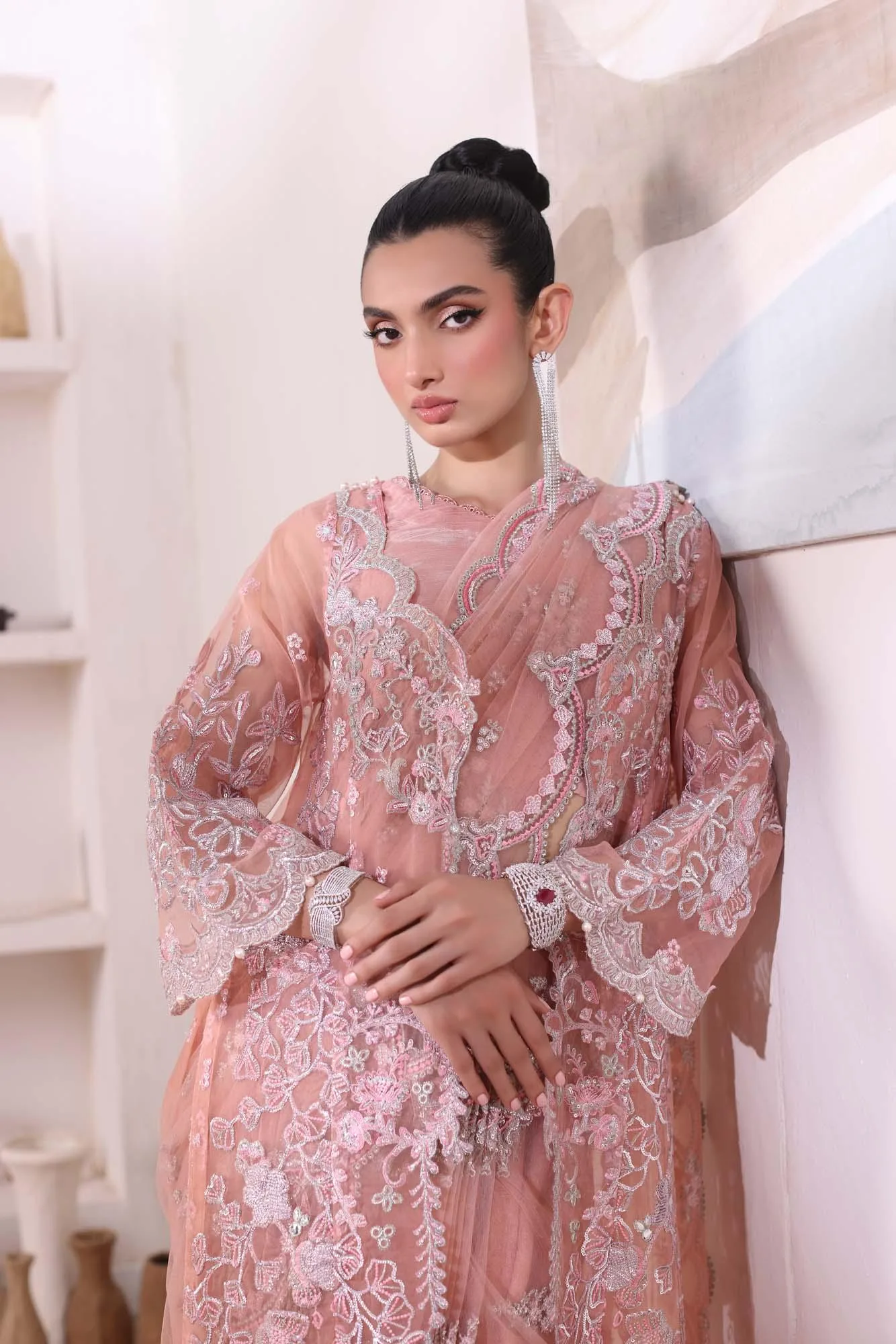 Pastel pink formal lehnga set with silk shirt, crushed lehnga and embroidered net dupatta – view 4 – Poshaq