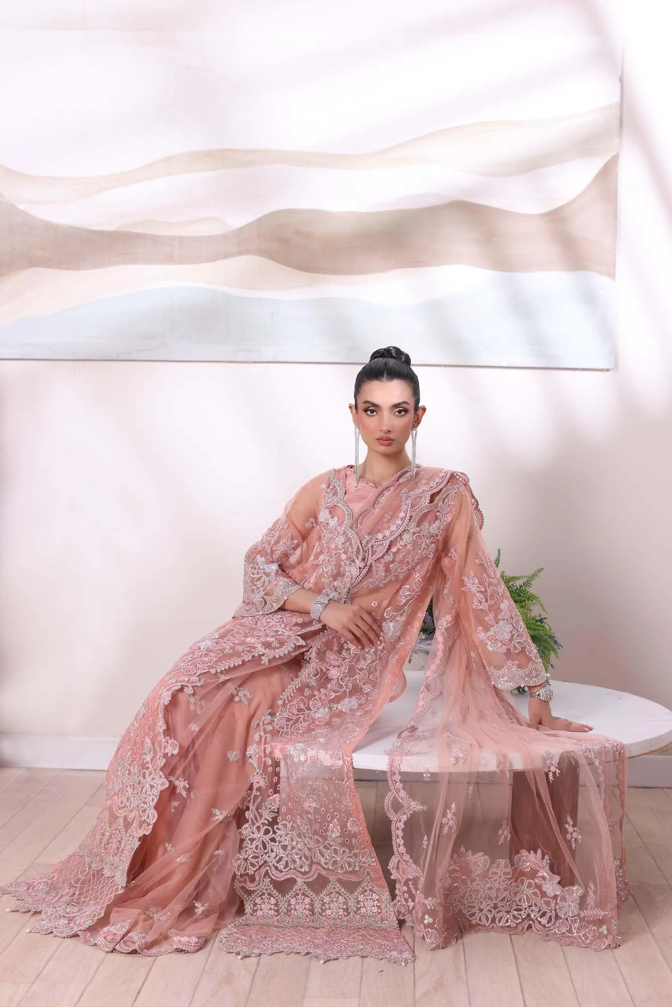Pastel pink formal lehnga set with silk shirt, crushed lehnga and embroidered net dupatta – view 5 – Poshaq