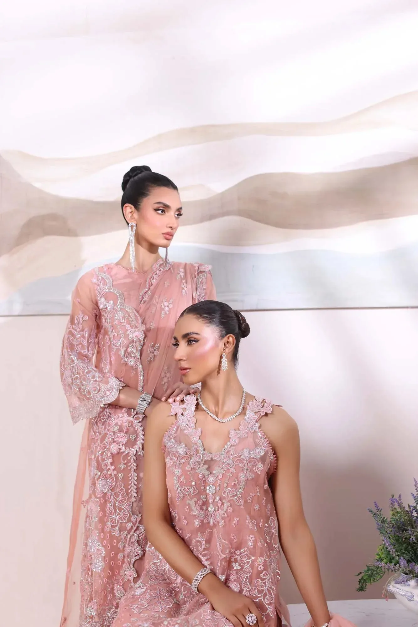 Pastel pink formal lehnga set with silk shirt, crushed lehnga and embroidered net dupatta – view 6 – Poshaq