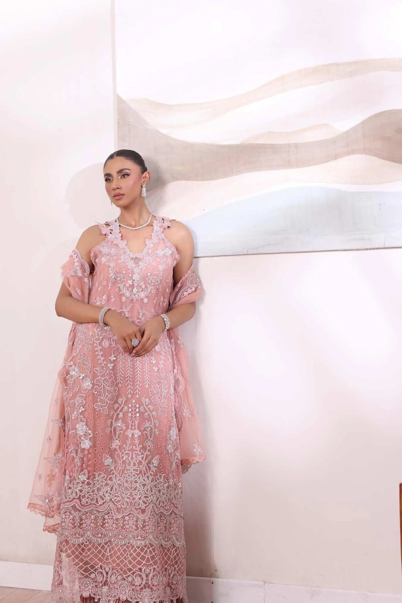 Pastel pink formal lehnga set with silk shirt, crushed lehnga and embroidered net dupatta – view 7 – Poshaq