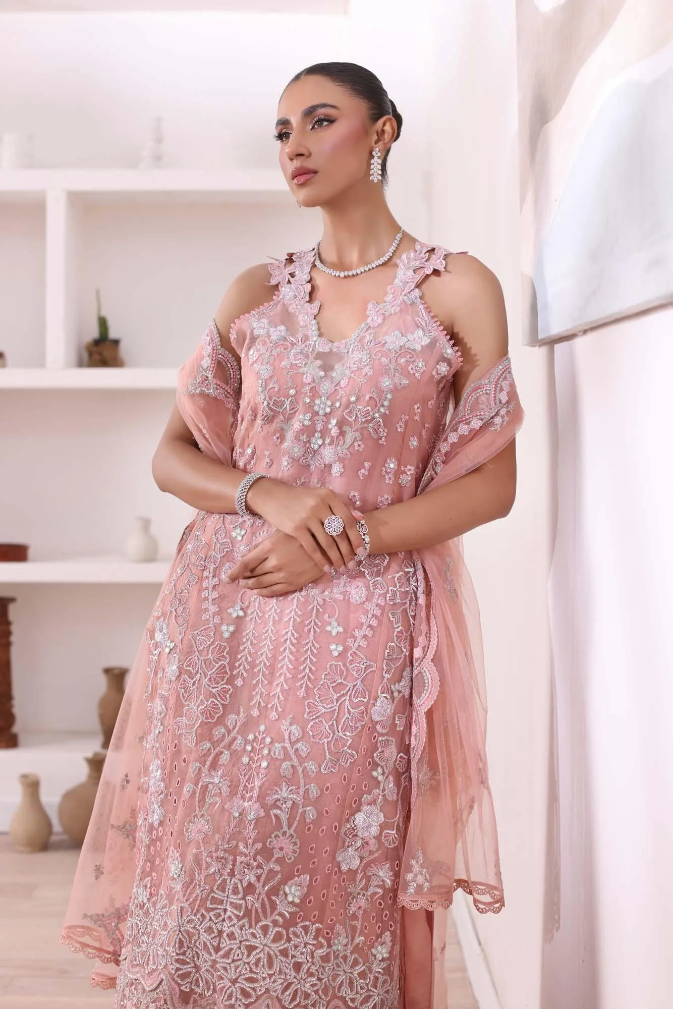 Pastel pink formal lehnga set with silk shirt, crushed lehnga and embroidered net dupatta – view 8 – Poshaq