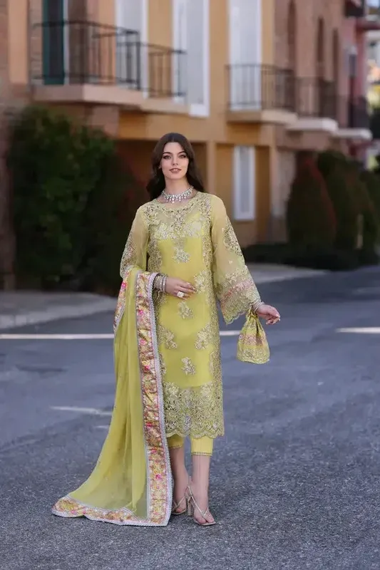 Noor by Saadia Asad Chiffon Formals 23 Green Raw Silk – view 1 – Poshaq